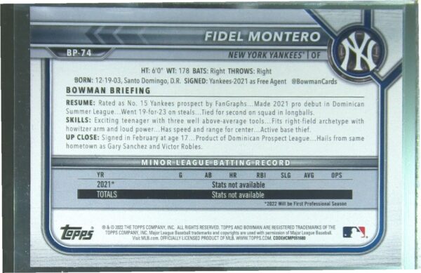 2022 Bowman Fidel Montero /299 #BP-74 Yankees Prospects Fuchsia - Image 3