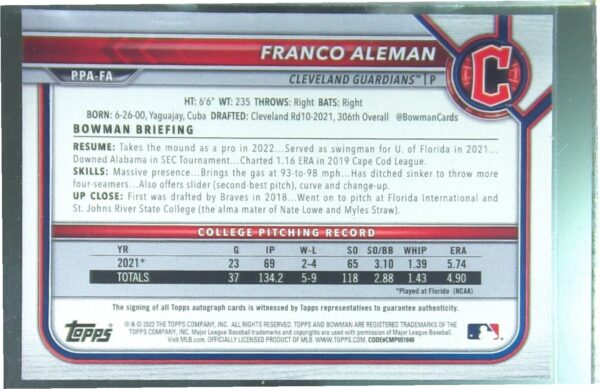 2022 Bowman Franco Aleman Auto /150 #PPA-FA Guardians Prospect Autographs Blue - Image 3