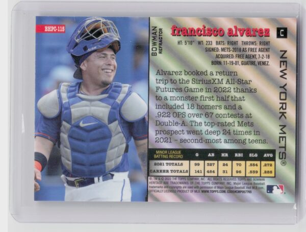 2022 Bowman Heritage Francisco Alvarez /199 #BHPC-115 Mets Chrome Prospects Ref - Image 3