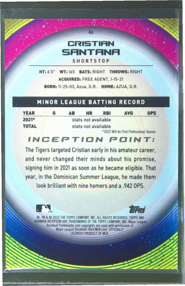 2022 Bowman Inception Cristian Santana Blue Foil /99 #46 Tigers - Image 3