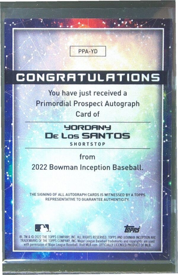 2022 Bowman Inception Yordany De Los Santos Auto /75 #PPA-YD Pirates Primordial - Image 3