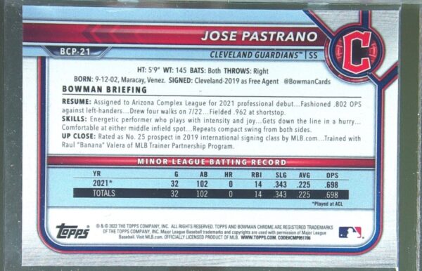 2022 Bowman Jose Pastrano /250 #BCP-21 Chrome Prospects Purple Refractor - Image 3