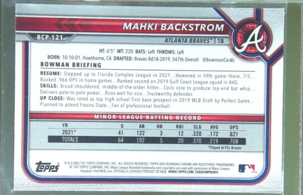 2022 Bowman Mahki Backstrom #BCP-121 Braves Chrome Prospects Mojo Refractors - Image 3
