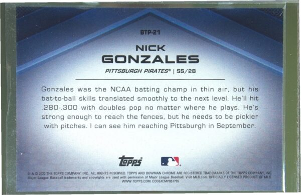 2022 Bowman Nick Gonzales /125 #BTP-21 Pirates Bowman Scouts' Top 100 Aqua - Image 3