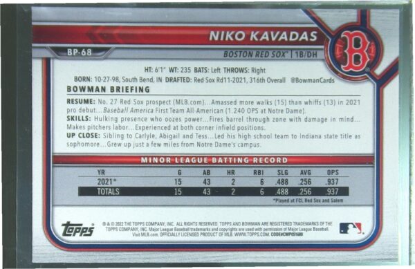 2022 Bowman Niko Kavadas /499 #BP-68 Sox Prospects Sky Blue - Image 3