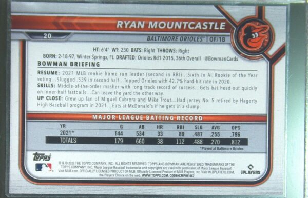 2022 Bowman Ryan Mountcastle Green Pattern /99 #20 Orioles - Image 3