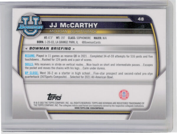2022 Bowman University Chrome JJ McCarthy Pink Refractor #48 Wolverines - Image 3