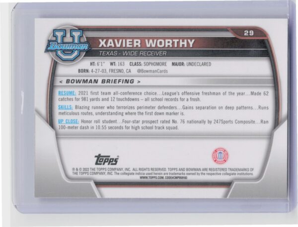 2022 Bowman University Chrome Xavier Worthy #29 Longhorns - Image 3
