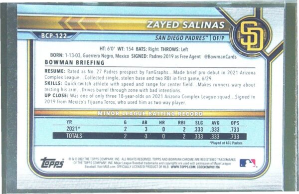 2022 Bowman Zayed Salinas /250 #BCP-122 Padres Chrome Prospects Purple Refractor - Image 3