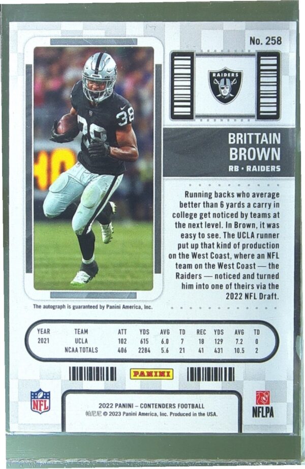 2022 Contenders Brittain Brown Auto RC #258 Raiders - Image 3
