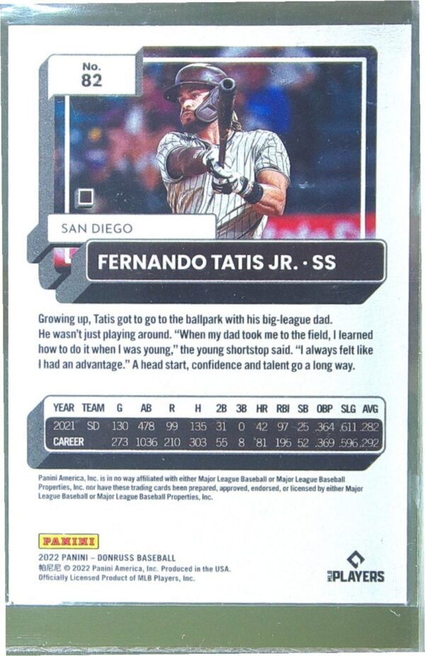 2022 Donruss Fernando Tatis Jr. Holo Purple #82 Padres - Image 3