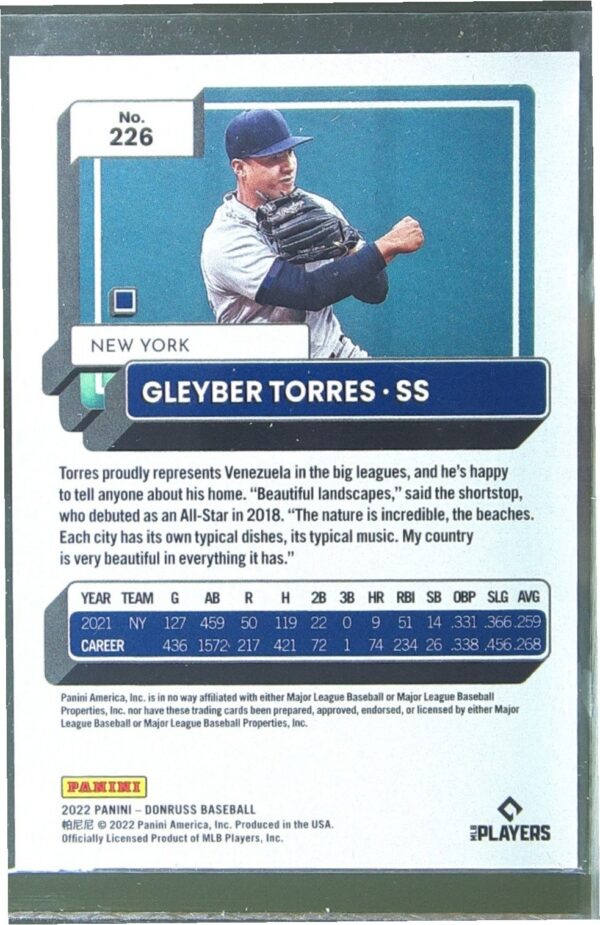 2022 Donruss Gleyber Torres Career Stat Line /74 #226 Yankees - Image 3