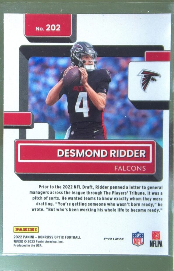 2022 Donruss Optic Desmond Ridder Purple Shock RC #202 Falcons - Image 3