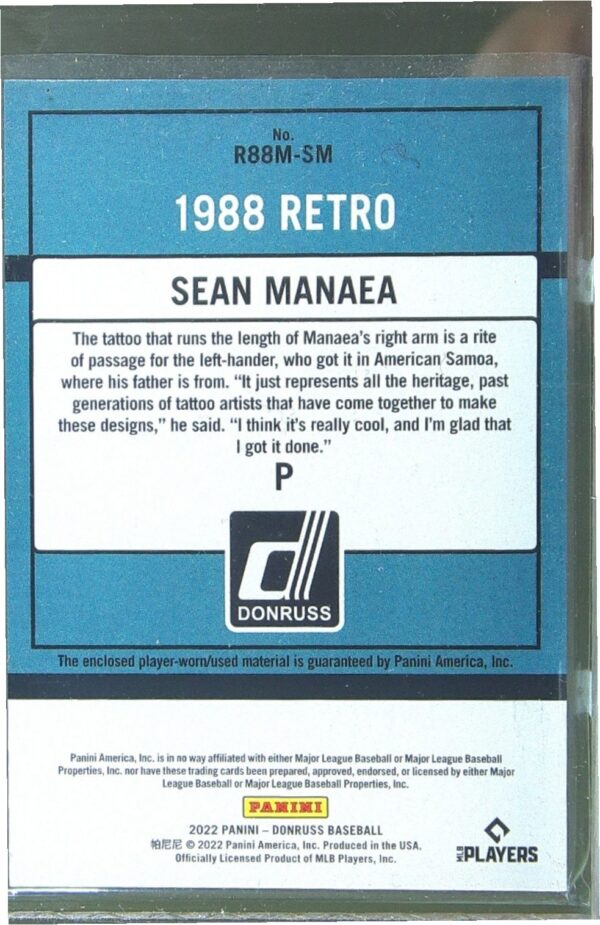 2022 Donruss Sean Manaea JSY #R88M-SM Athletics Retro 1988 Materials - Image 3