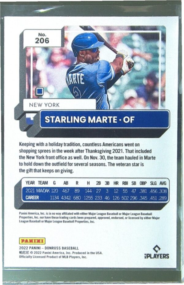 2022 Donruss Starling Marte Holo Blue #206 Mets - Image 3
