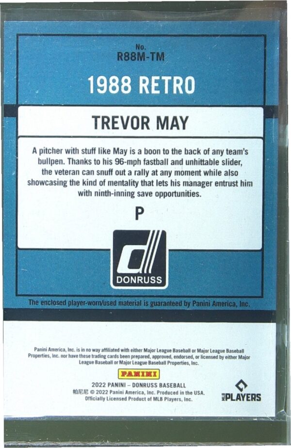 2022 Donruss Trevor May JSY #R88M-TM Mets Retro 1988 Materials - Image 3