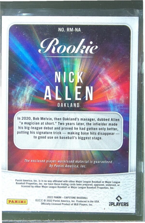 2022 Panini Capstone Nick Allen JSY RC #RM-NA Athletics Rookie Materials - Image 3