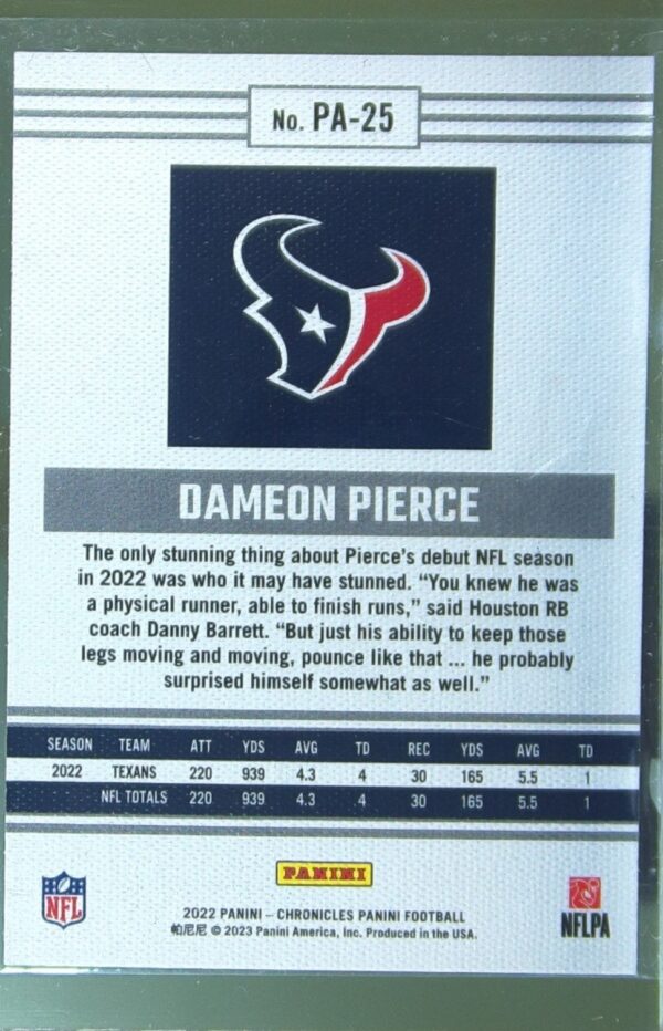 2022 Panini Chronicles Dameon Pierce RC #PA-25 Texans Panini Teal - Image 3