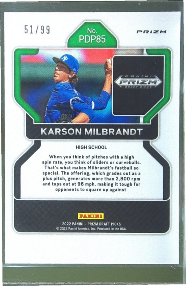 2022 Prizm Draft Picks Karson Milbrandt Tiger Stripes /99 #PDP85 Jays - Image 3