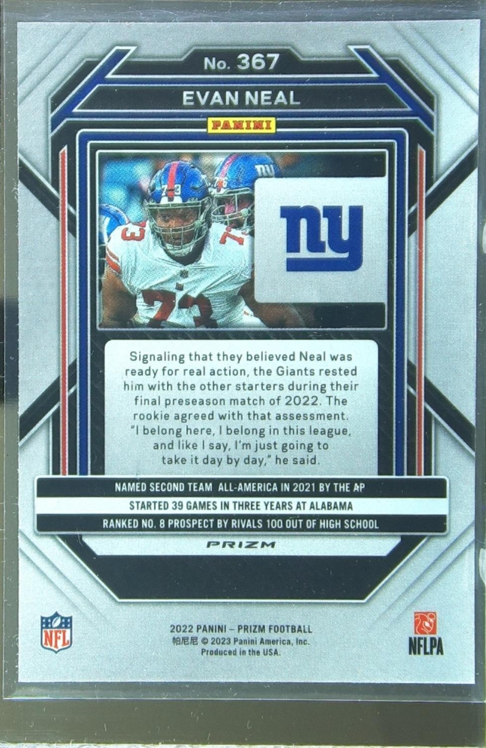 2022 Prizm Evan Neal Red White and Blue RC #367 Giants - Image 3