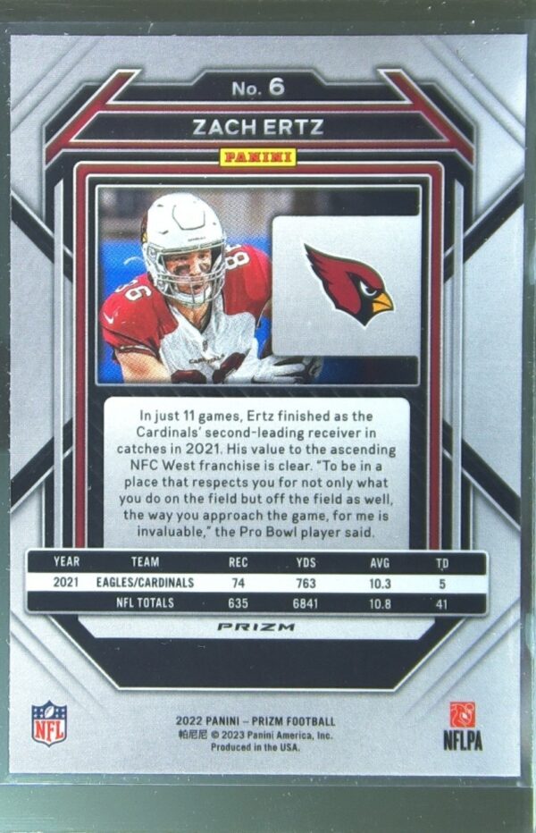 2022 Prizm Zach Ertz Silver #6 Cardinals - Image 3