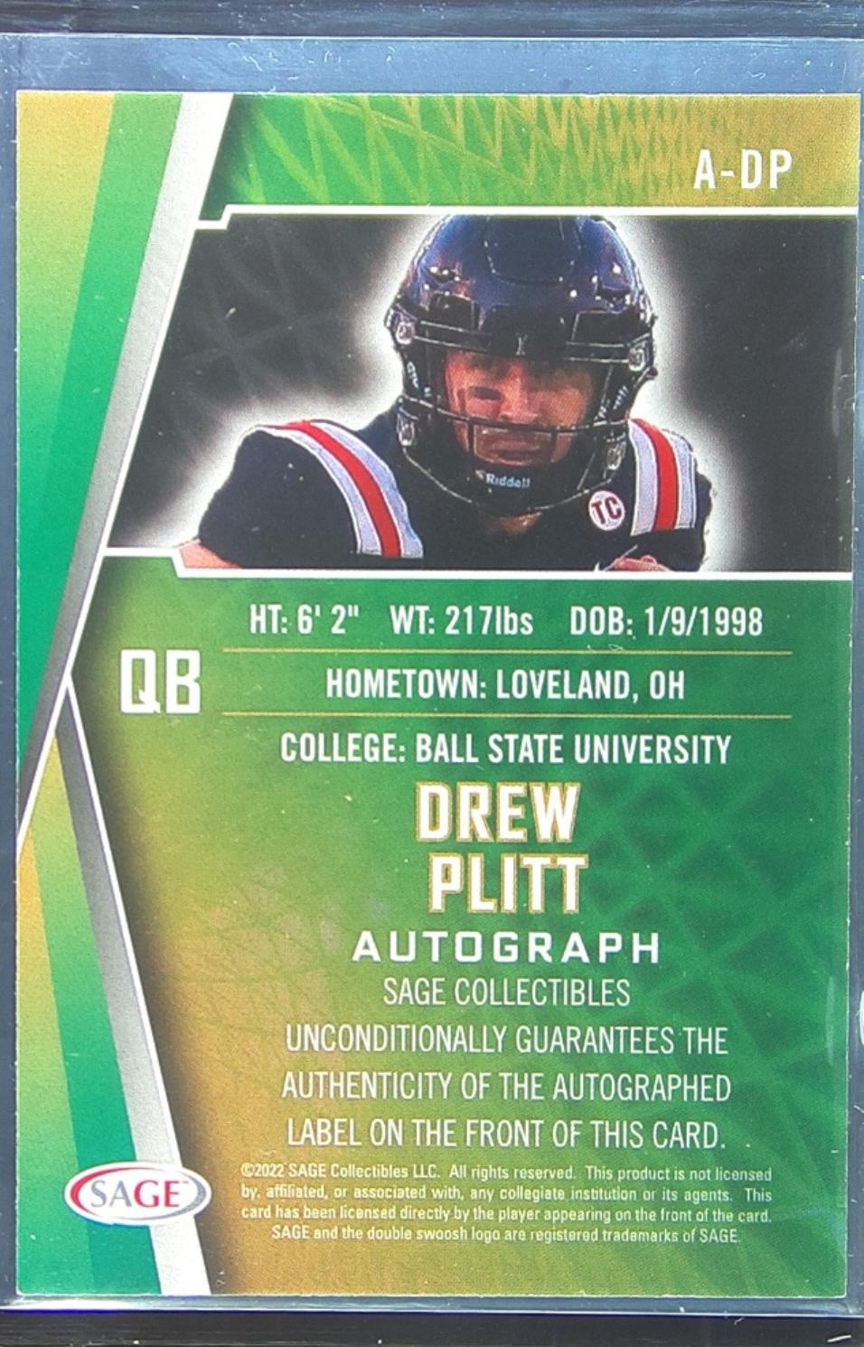 2022 SAGE Artistry Drew Plitt Auto #A-DP Cardinals Autographs Green - Image 3