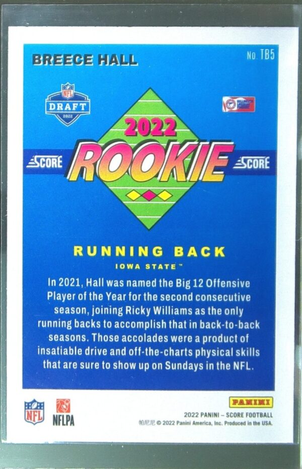 2022 Score Breece Hall RC #TB5 Cyclones 1992 Throwback Rookie - Image 3