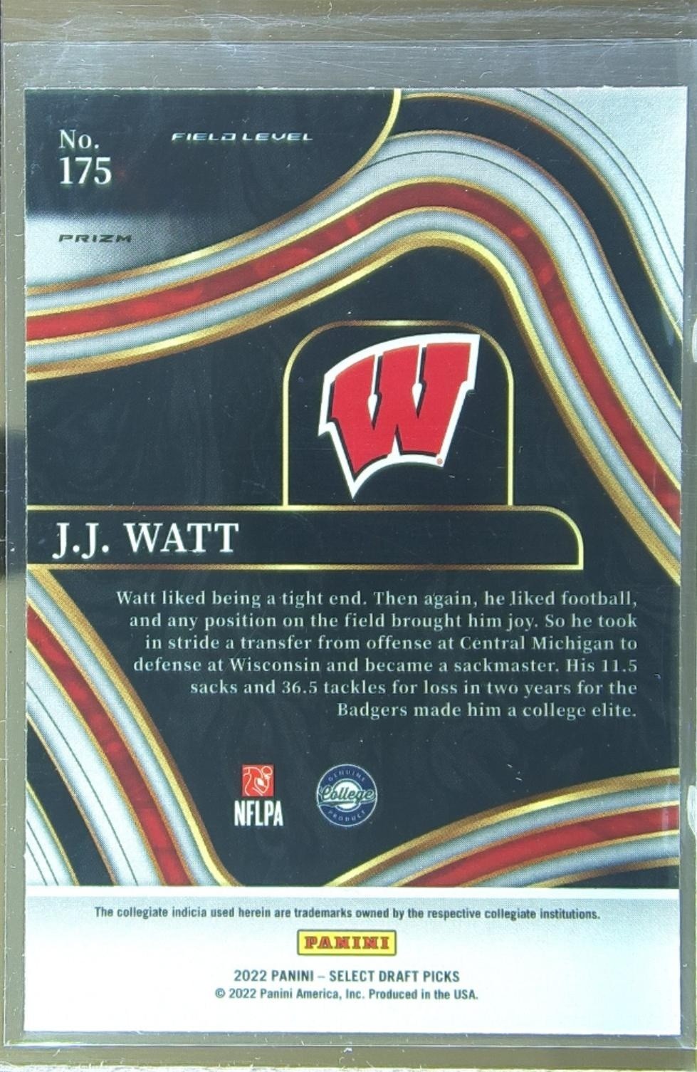 2022 Select Draft Picks J.J. Watt Red Lazer Prizm #175 Badgers - Image 3