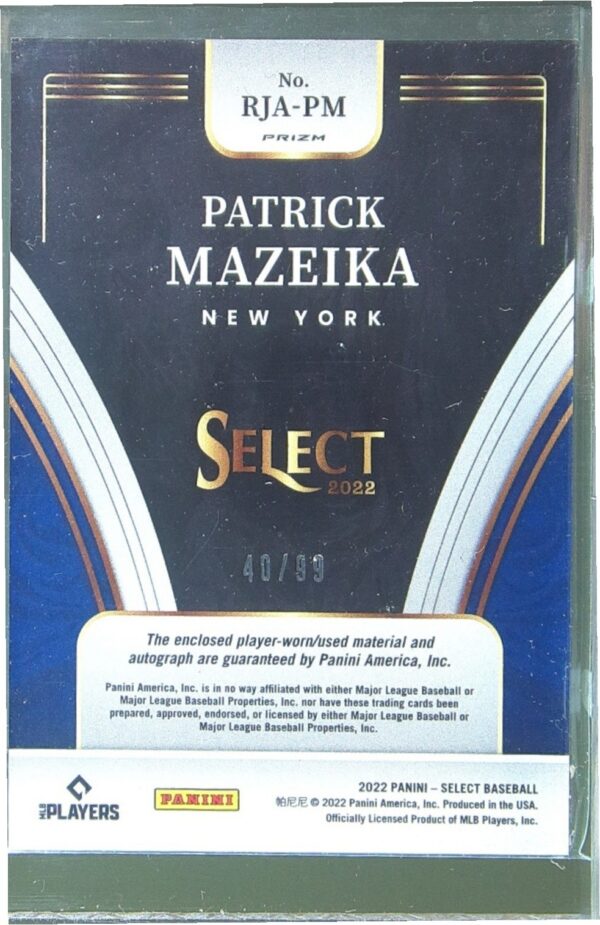 2022 Select Patrick Mazeika Auto /99 JSY #RJA-PM Mets Rookie Jersey Autographs - Image 3