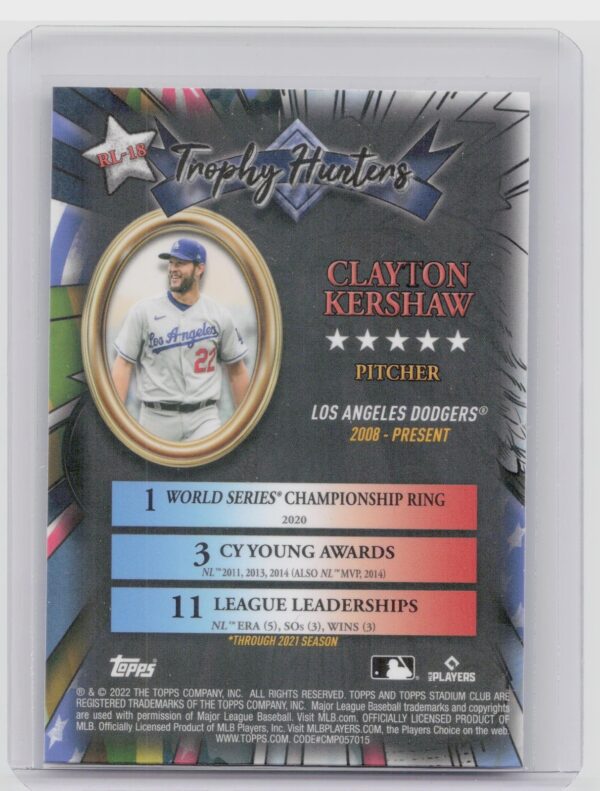 2022 Stadium Club Chrome Clayton Kershaw #RL-18 Dodgers Trophy Hunters Wave Refr - Image 3