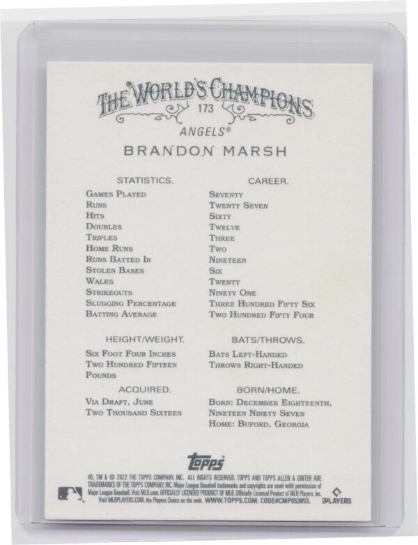 2022 Topps Allen & Ginter Brandon Marsh Rookie World Champions #173 Angels - Image 3