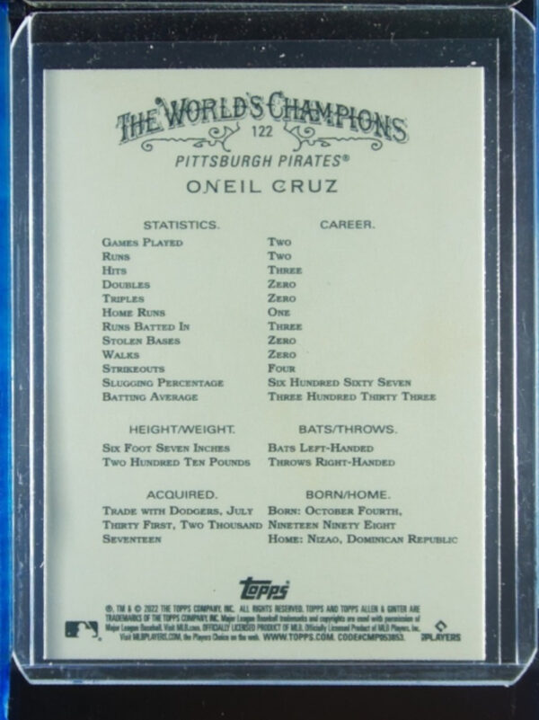 2022 Topps Allen & Ginter Oneil Cruz RC #122 Pirates - Image 3