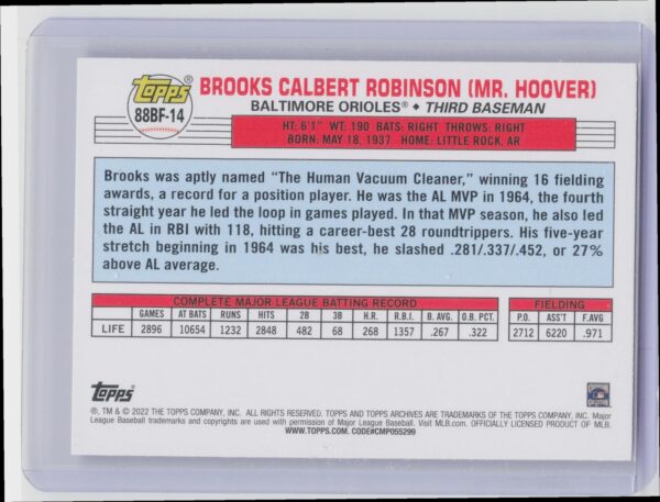 2022 Topps Archives Brooks Robinson #88BF-14 Orioles 1988 Topps Big Foil - Image 3
