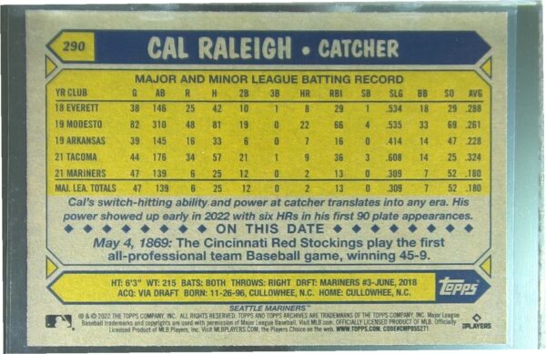 2022 Topps Archives Cal Raleigh RC #290 Mariners - Image 3