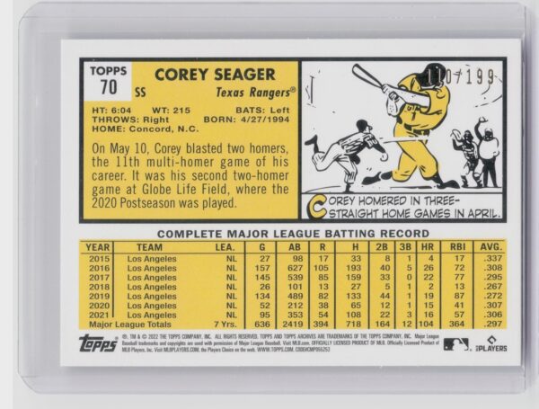 2022 Topps Archives Corey Seager Rainbow Foil /199 #70 Rangers - Image 3