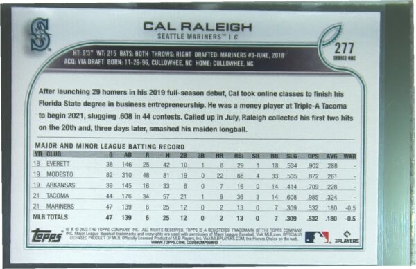 2022 Topps Cal Raleigh RC #277 Mariners - Image 3