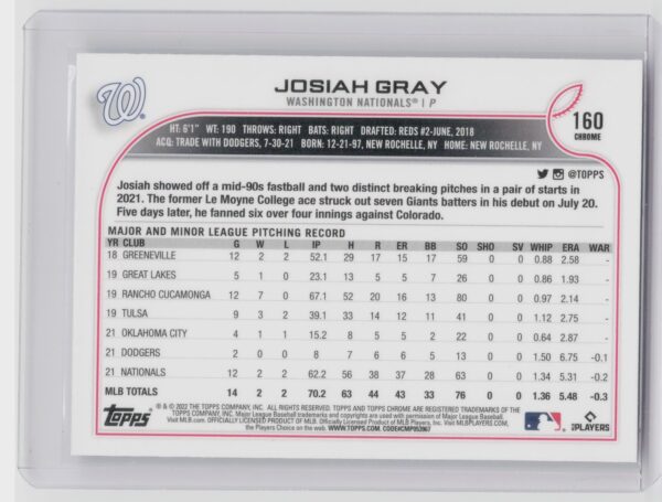 2022 Topps Chrome Sonic Josiah Gray RC #160 Nationals - Image 3
