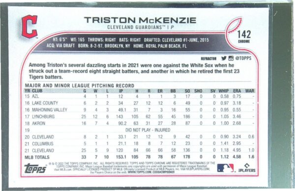 2022 Topps Chrome Triston McKenzie Refractor #142 Guardians - Image 3