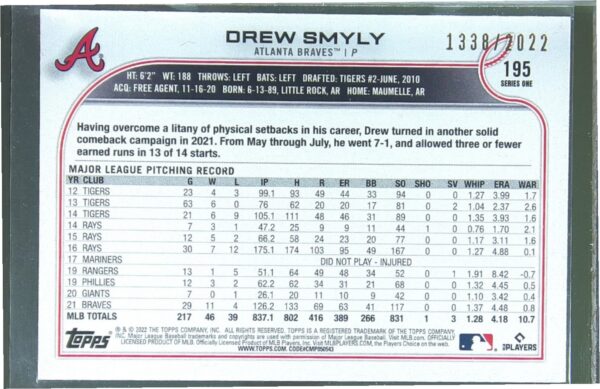 2022 Topps Drew Smyly Gold /2022 #195 Braves - Image 3
