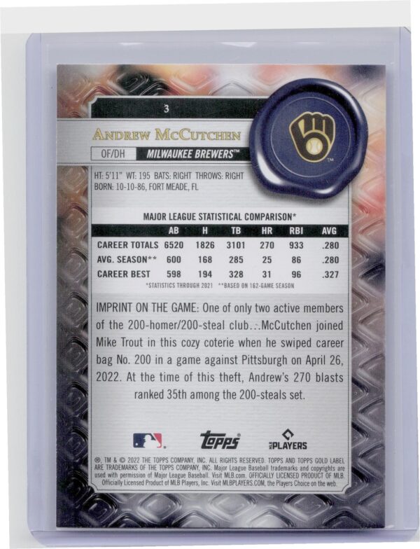 2022 Topps Gold Label Andrew McCutchen #3 Brewers - Image 3