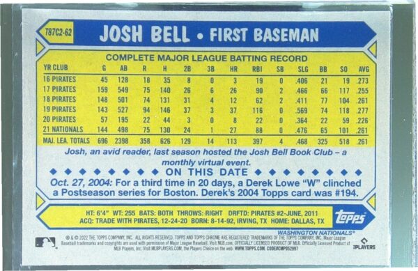 2022 Topps Josh Bell #T87C2-62 Nationals 1987 Topps 35th Anniversary Mojo - Image 3