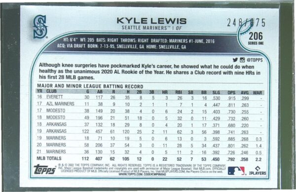 2022 Topps Kyle Lewis Foilboard Retail /875 #206 Mariners - Image 3