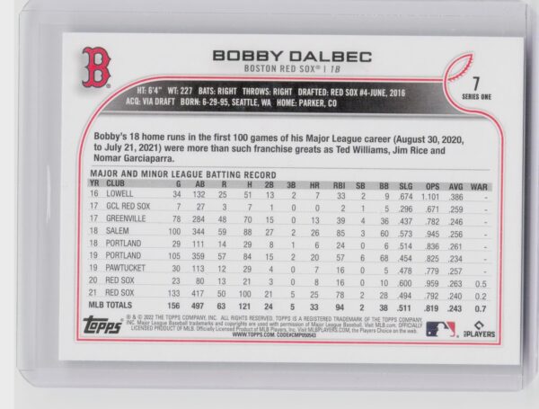 2022 Topps Mini Bobby Dalbec Future Stars #7 Red Sox - Image 3