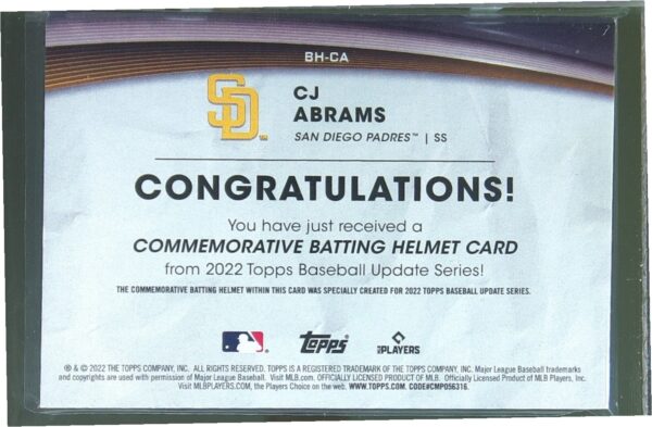 2022 Topps Update CJ Abrams #BH-CA Padres Commemorative Batting Helmet Relic - Image 3