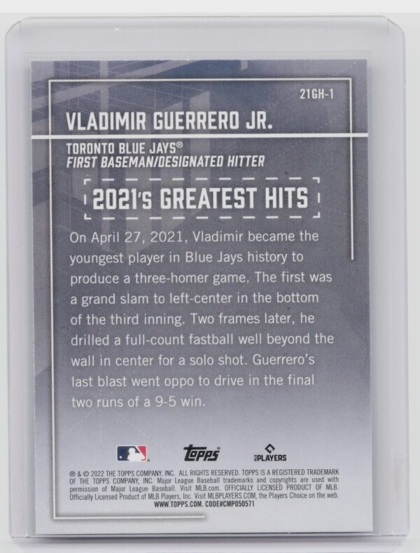 2022 Topps Vladimir Guerrero Jr. #21GH-1 Jays 2021's Greatest Hits Blue - Image 3