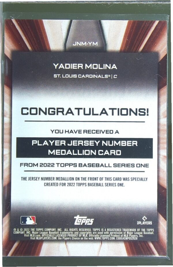 2022 Topps Yadier Molina #JNM-YM Cardinals Player Jersey Number Medallion relic - Image 3