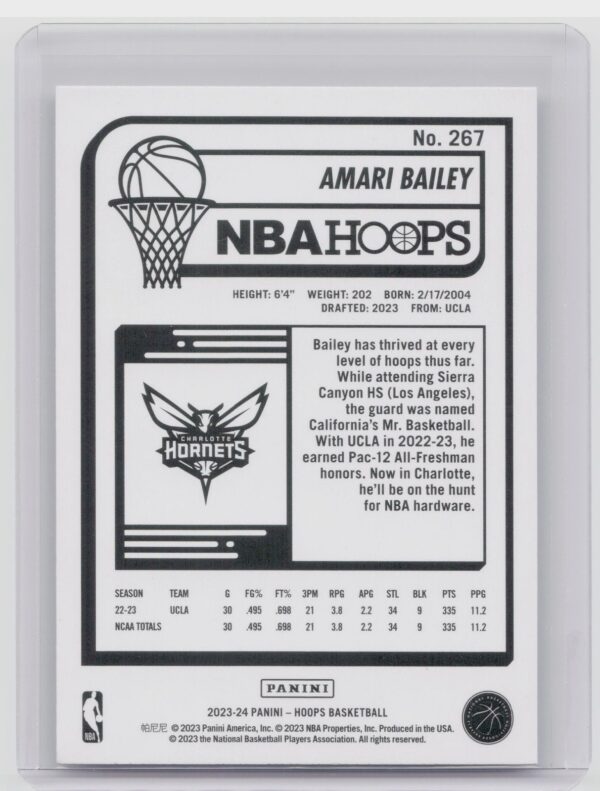 2023-24 Hoops Amari Bailey Rookie RC #267 Hornets - Image 3