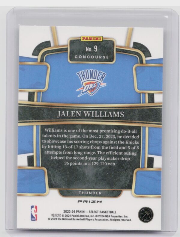 2023-24 Select Jalen Williams Silver Prizms #9 Thunder - Image 3