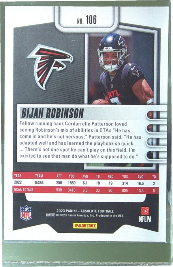 2023 Absolute Bijan Robinson Blue RC #106 Falcons - Image 3