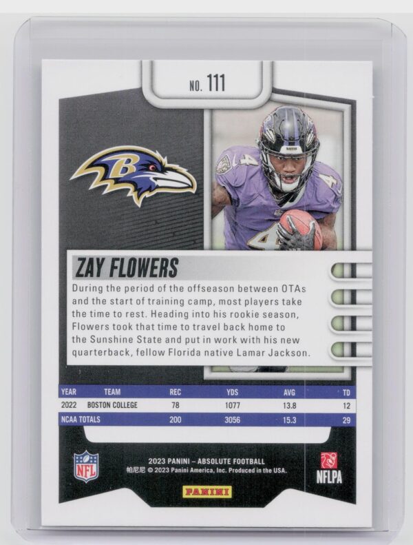2023 Absolute Zay Flowers Rookie #111 Ravens - Image 3